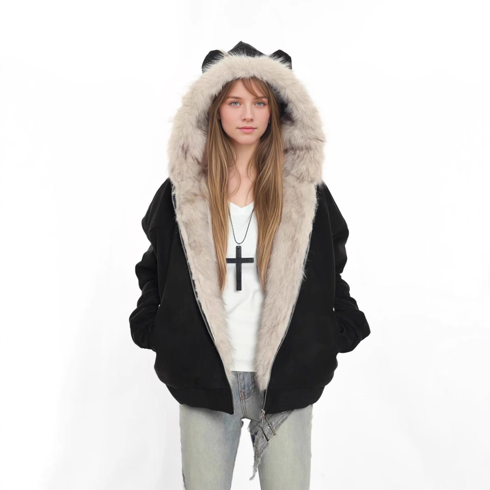 Winter Suede Fur Collar Hooded Jacket Women's Thickened Cat Ears Mountain Carving Cotton Jacket
