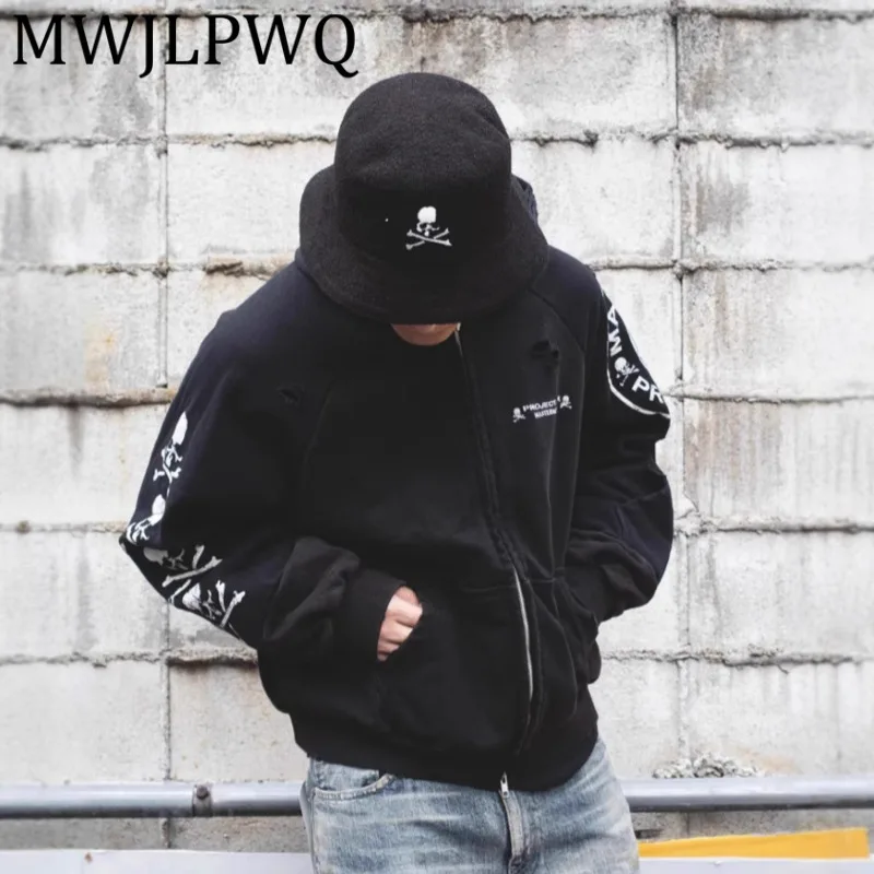 

MWJLPWQ винтажный свитер с принтом в стиле пэчворк, мужской уличный свитер с длинными рукавами и капюшоном на молнии, шикарные топы 12426