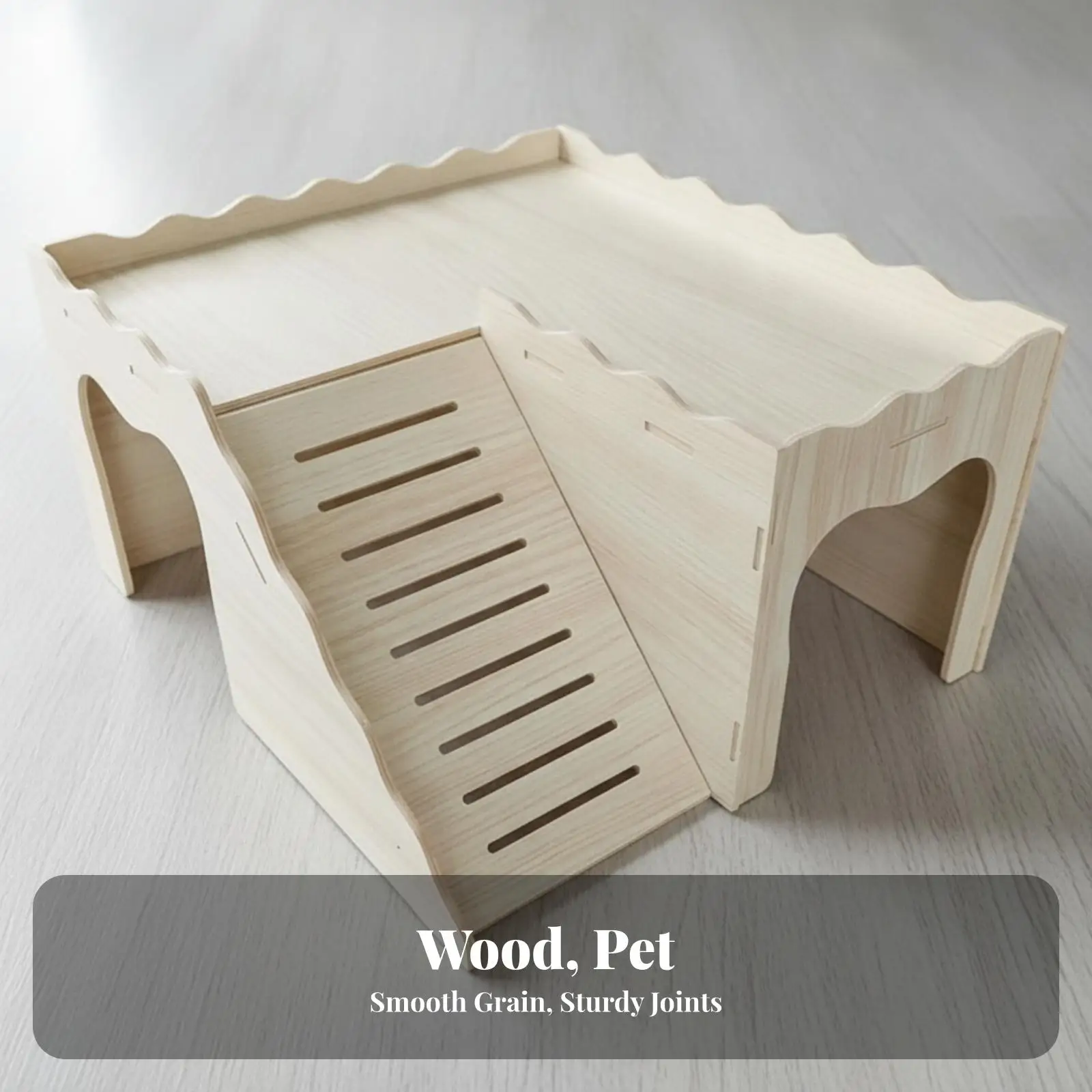 Solid Wood Rabbit House with Ramp and Flat Roof for Small Animal Platform and Hamster Big Cage Indoor Use