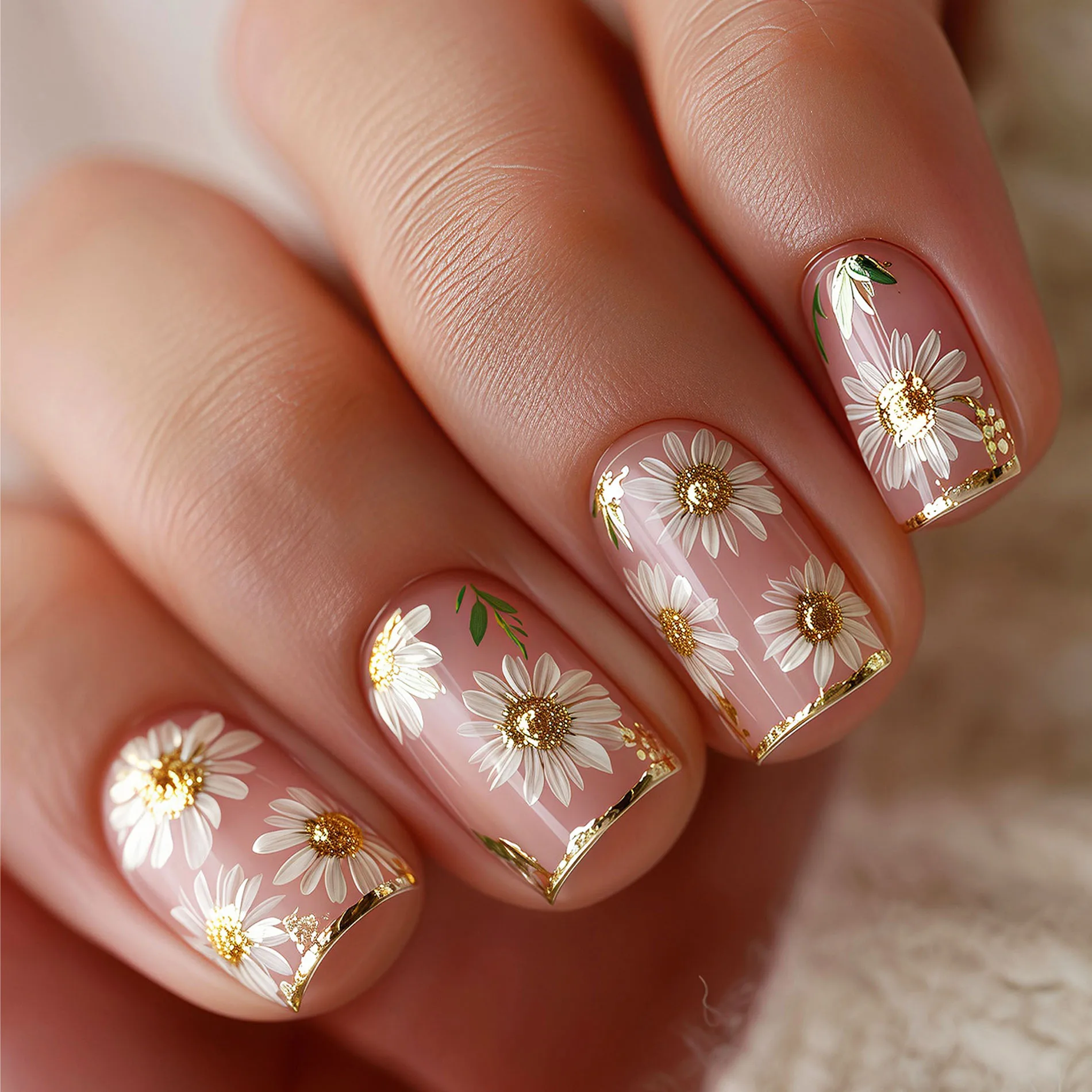 Short Square fake nails for women gilrs white pink flowers with goden frame or french style white edge press on false nail art