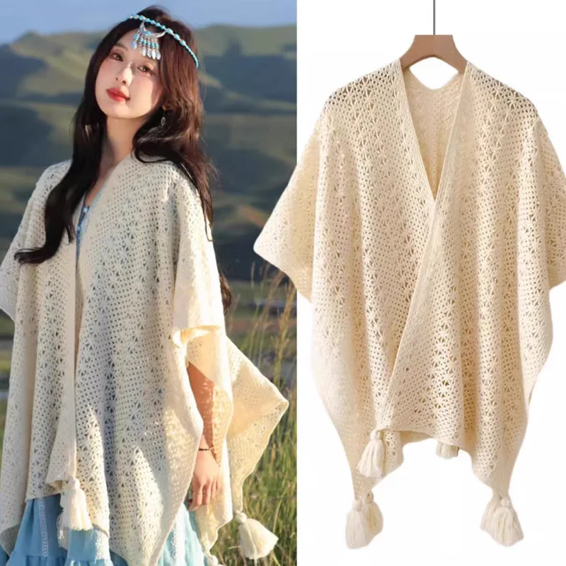 Cardigan Women Tassel Shawl Knitted V Neck Tassel Scarf Jumpers Y2k Streetwear Elegant Cloak Knit Open Stith Autumn Winter