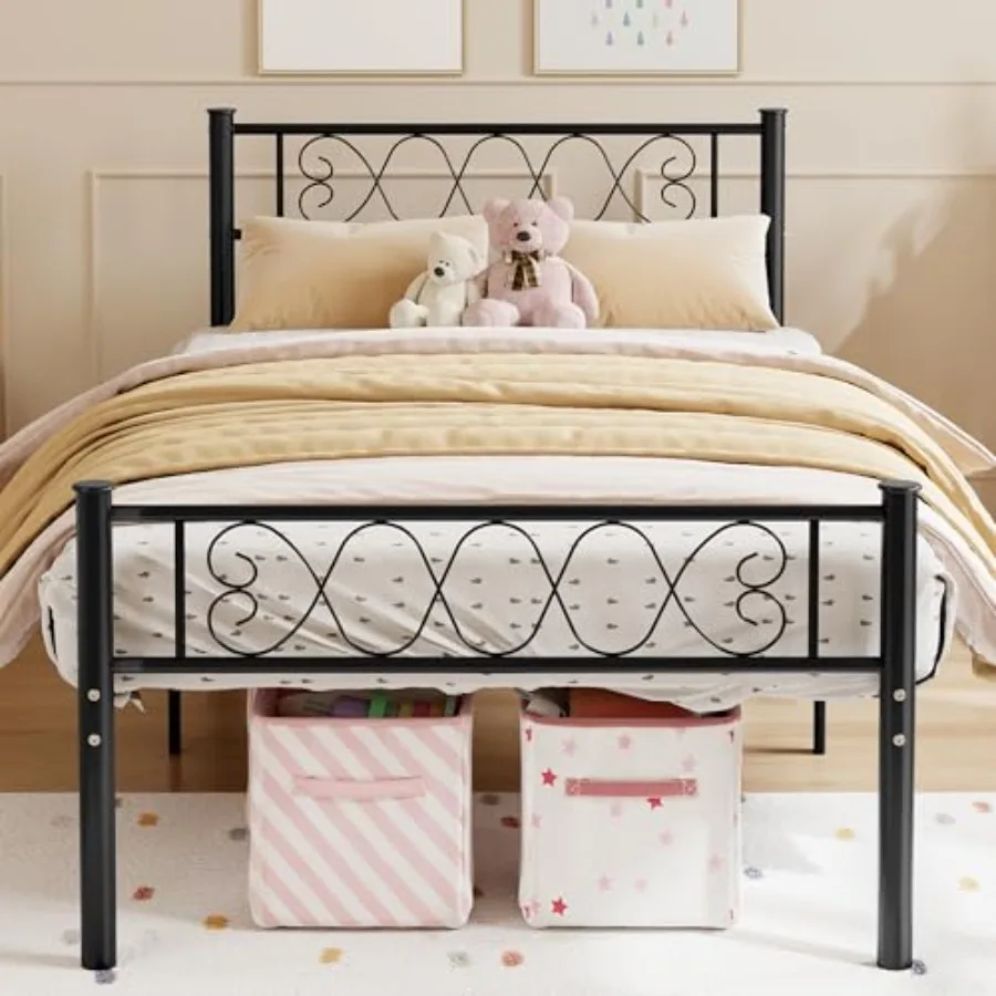 

Metal Twin Bed Frame - Headboard and Footboard with Iron Heart Design Twin Size Platform Bed for Boys and Girls No Box Spring N