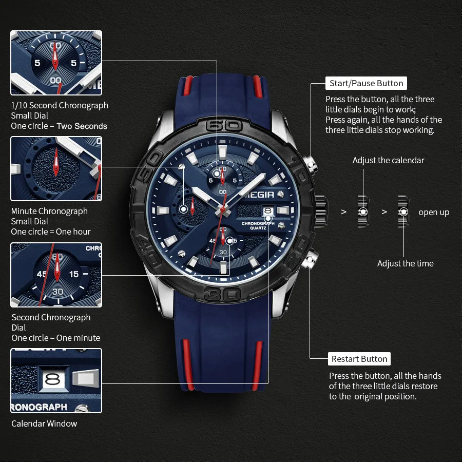 MEGIR Fashion Men Sport Watch Silicone Strap Military Watches Clock Waterproof Quartz Wristwatch Chronograph Montre Homme 2055
