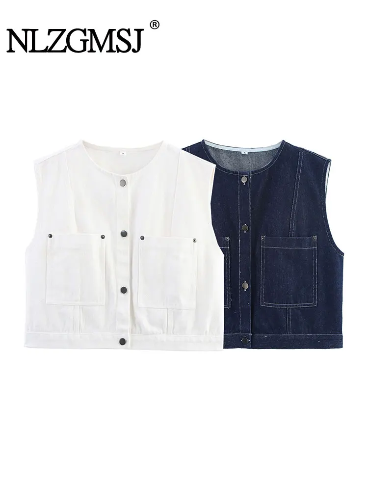 

NLZGMSJ 2025 Women's Vest Fashion Denim Vest Top Ladies Casual Cropped Sleeveless Jacket Coat Streetwear New Outerwear