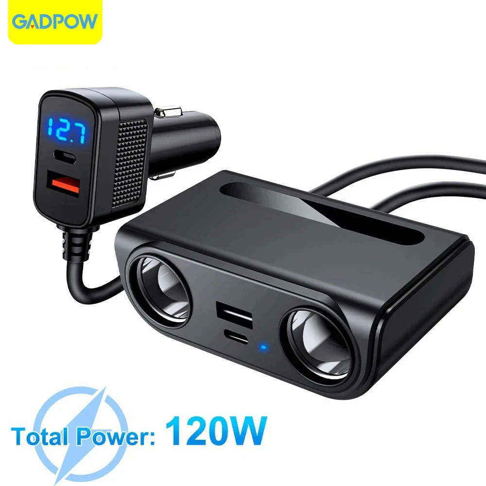 Gadpow Car charger, 7-in-1 cigarette lighter adapter, four USB ports and two cigarette lighter sockets, voltage display 