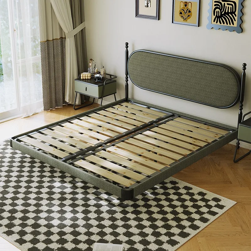 Carbon steel eco-friendly French solid wood bed, home double bed, floral fabric soft wrapping, vintage style queen bed