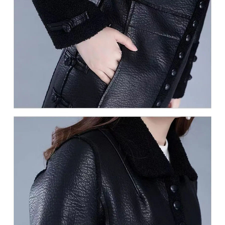 6XL Winter Faux Leather Coat For Women Thicken Warm Lambwool Velvet PU Leather Jacket Female Long Plush Windbreaker Outwear