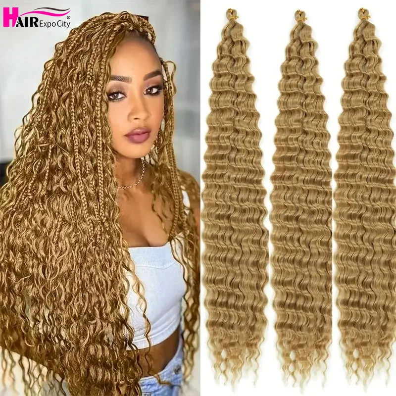 Extensiones de cabello de ganchillo con ondas oceánicas, trenzas de ganchillo rizadas de giro profundo sintético de 30 pulgadas, trenzas suaves bohemias, cabello trenzado de onda de agua