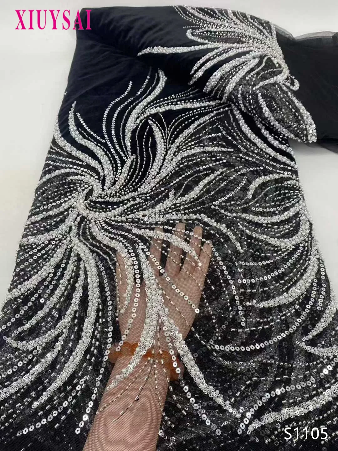 

Black African Velvet Lace Tulle Fabric Beaded Embroidery French Sequin for Women's Dresses Wedding Gowns 2025 Style
