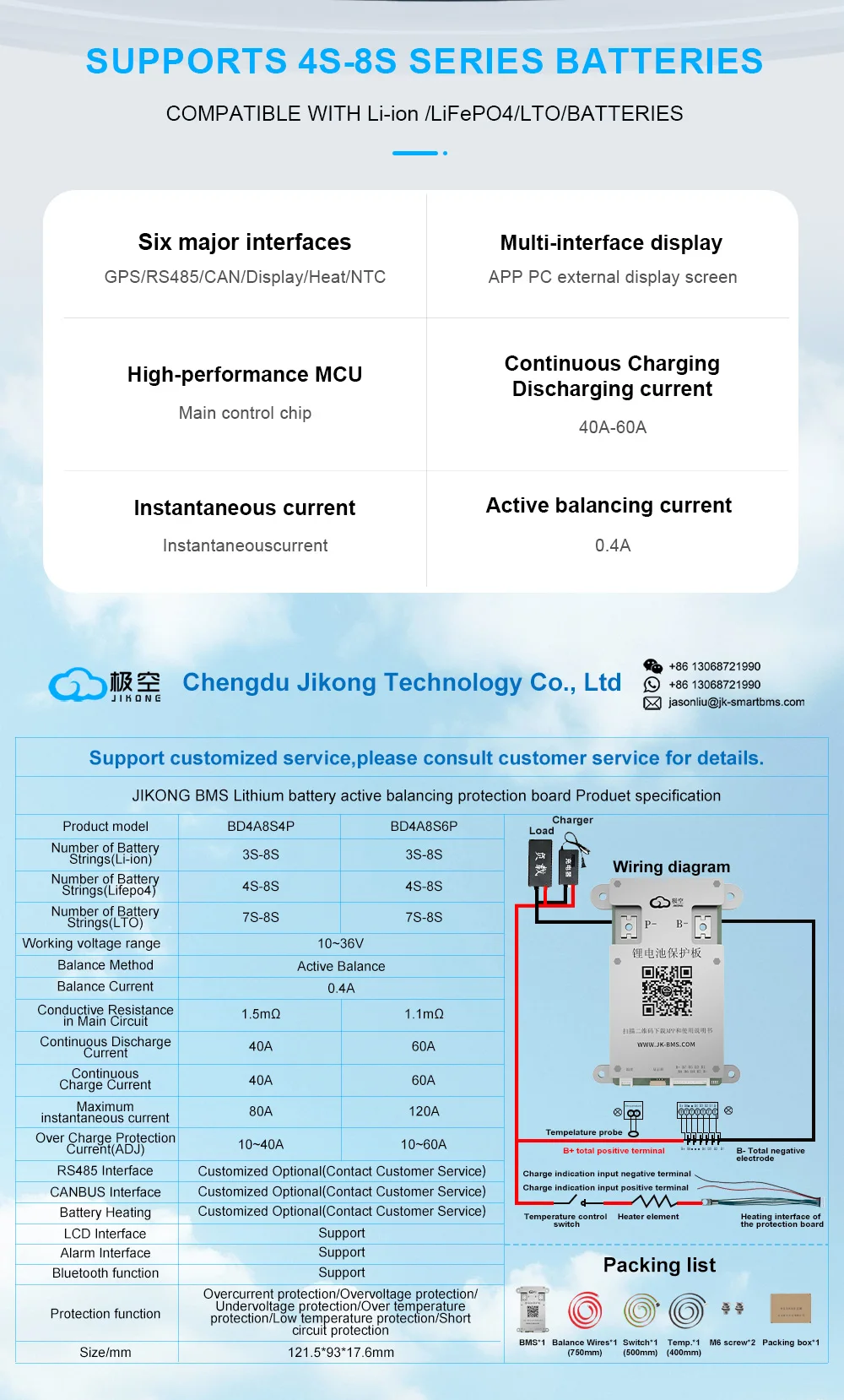 JIKONG BMS 4S 5S 6S 7S 8S Lifepo4 BMS 12V 24V mit 0,4A aktivem BMS 40A 60A Lifepo4 Li-Ion Lto Batterie Smart BMS – Detail 2