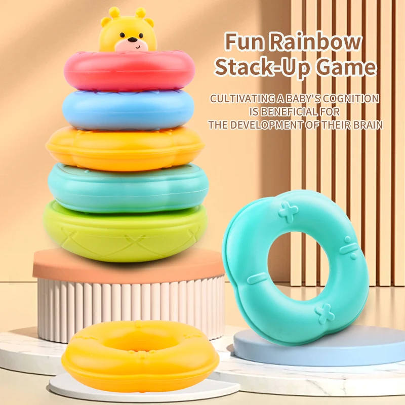 Children's Educational Toy Cartoon Animal Stacking Rainbow Circle Color Shape Recognition Toys for Kids Baby Brain Teaser