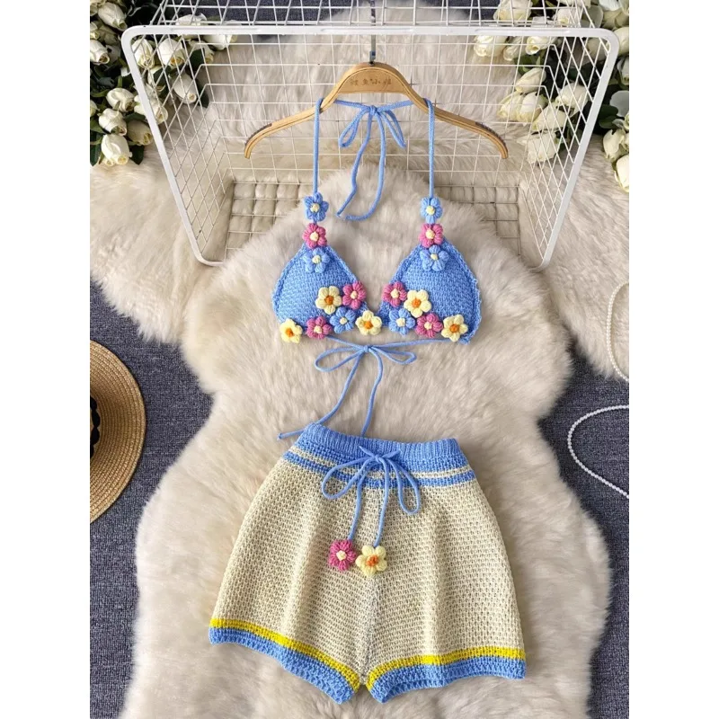 2-piece Suit Seaside Holiday Desire Summer Sling Bikini Knitted Crochet Flower Halter Camisole Tops High Waist Wide Leg Shorts