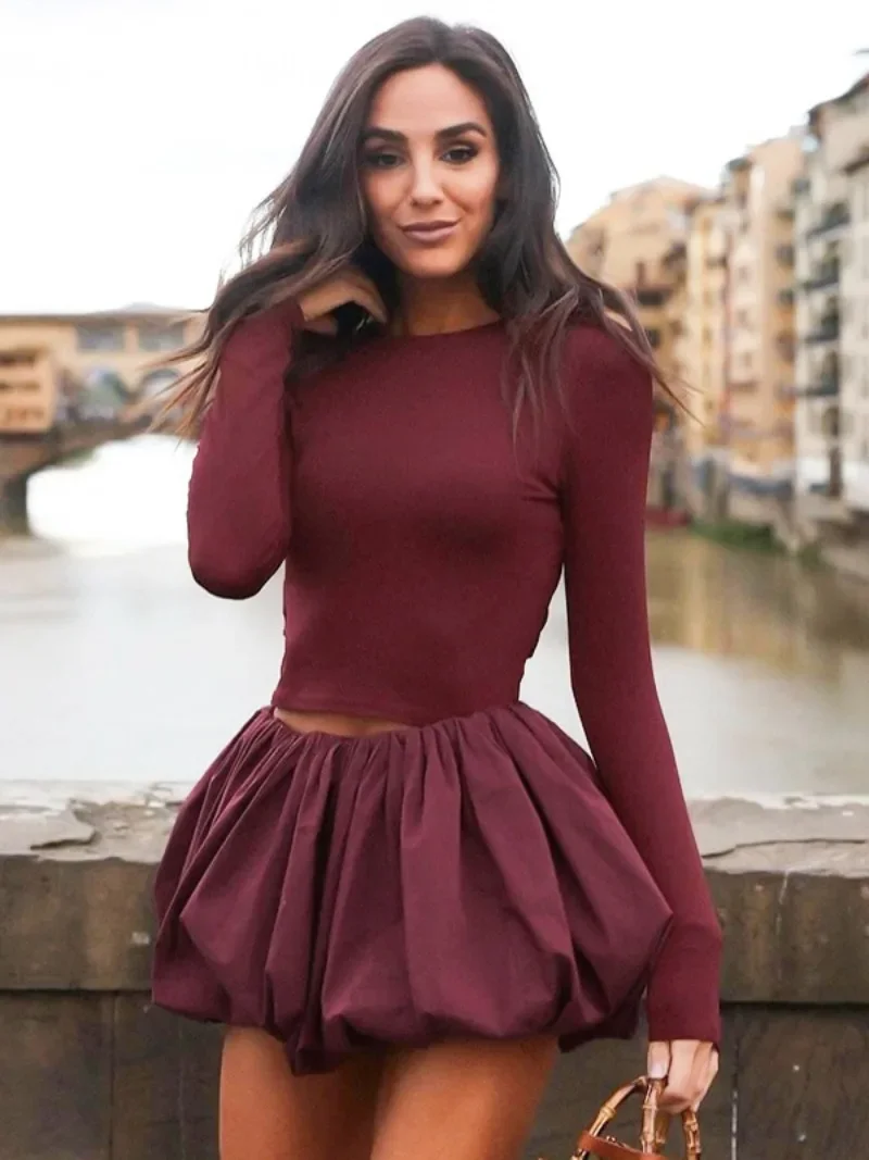 Fashion Backless Mini Bubble Dress Women O-neck Long Sleeve Crop T-shirt+Short Skirts 2 Piece Sets Wine Red Party Streetwear Y2K