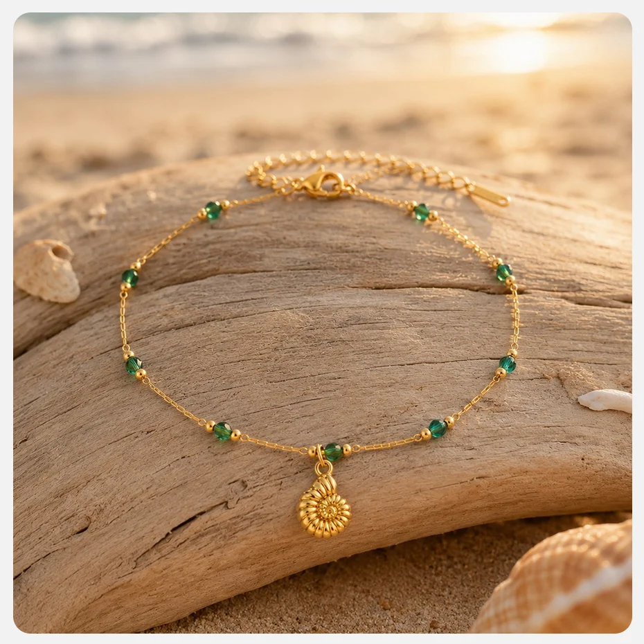 Vnox Bohemia Grüner Kristall Muschel Tropischer Fisch Anhänger Quasten-Fußkettchen für Damen, vergoldet, wasserdicht, Sommerurlaub Fußschmuck – Detail 10