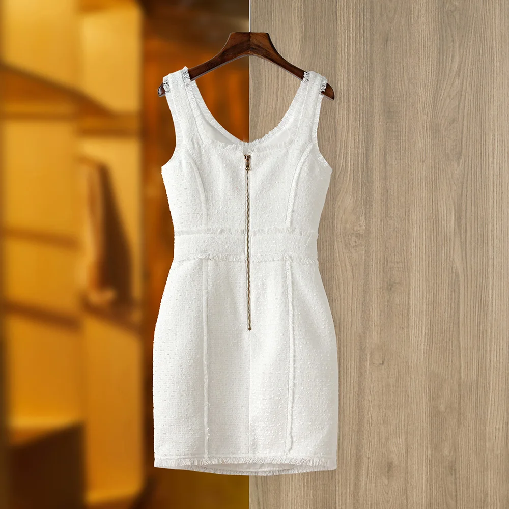 European Style Pure White Tweed Fabric Luxury Quality Straps Sleeveless Women Woven Chic Jaquard Dress