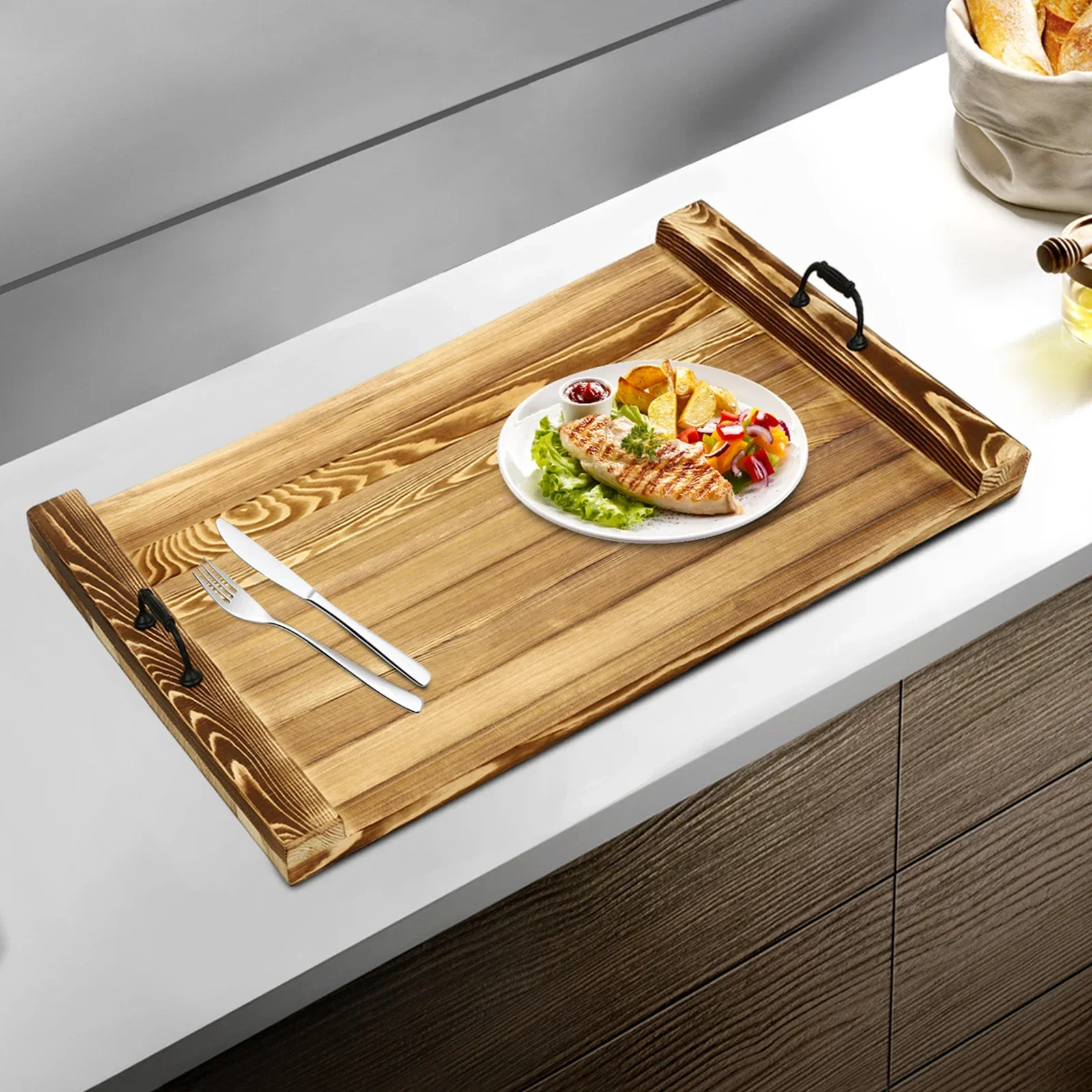 

​​Wooden Kitchen Utility Tray 30x22 Inch Rectangular Pine Board Bearing for Meal Preparation Storage Organization​​