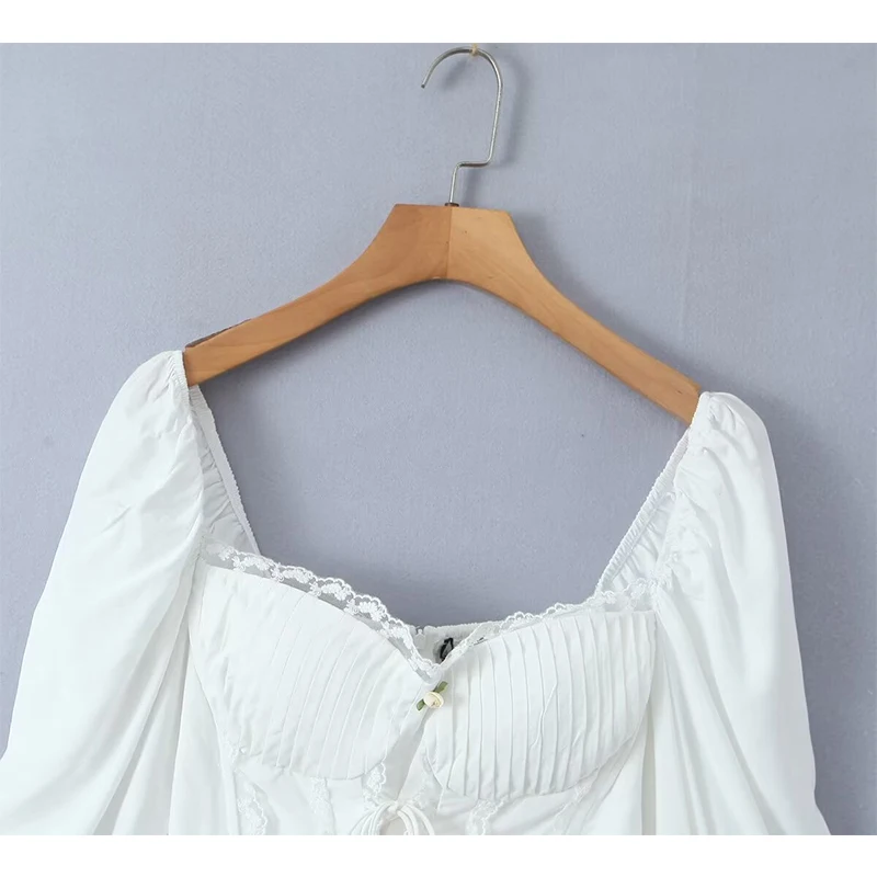 YENKYE Y2K Women High Quality Lace Trim White Blouse Front Lacing Up Puff Sleeve Sexy Elegant Sweet Crop Top