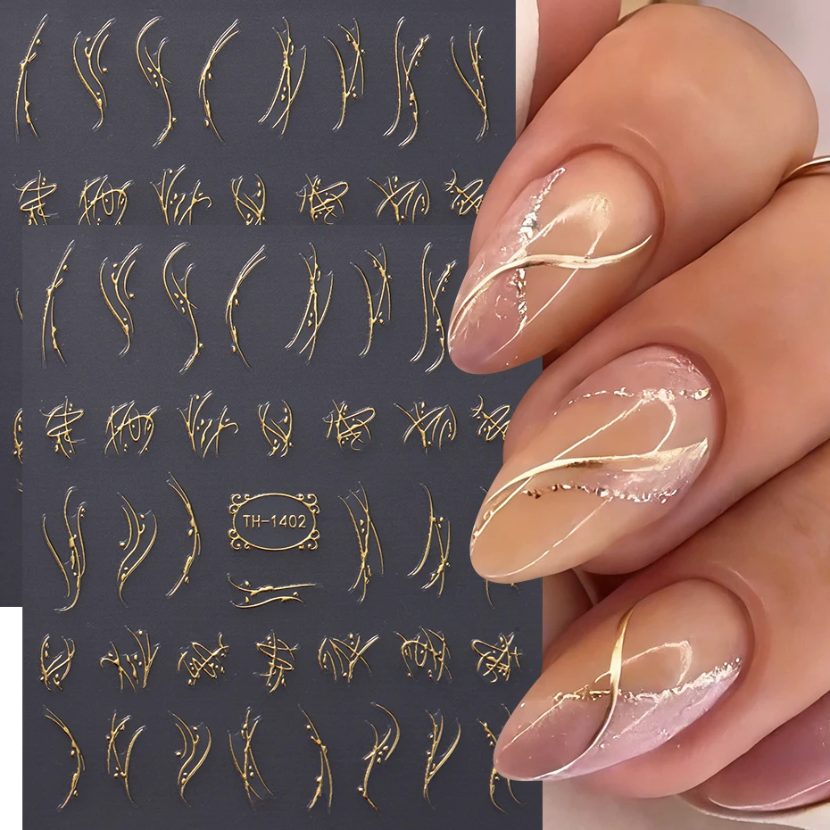 2pcs Golden French Line Nail Art Sticker Irregular Stripes Line Nail Art Decals Self-Adhesive Slider Charms Manicure Accessories