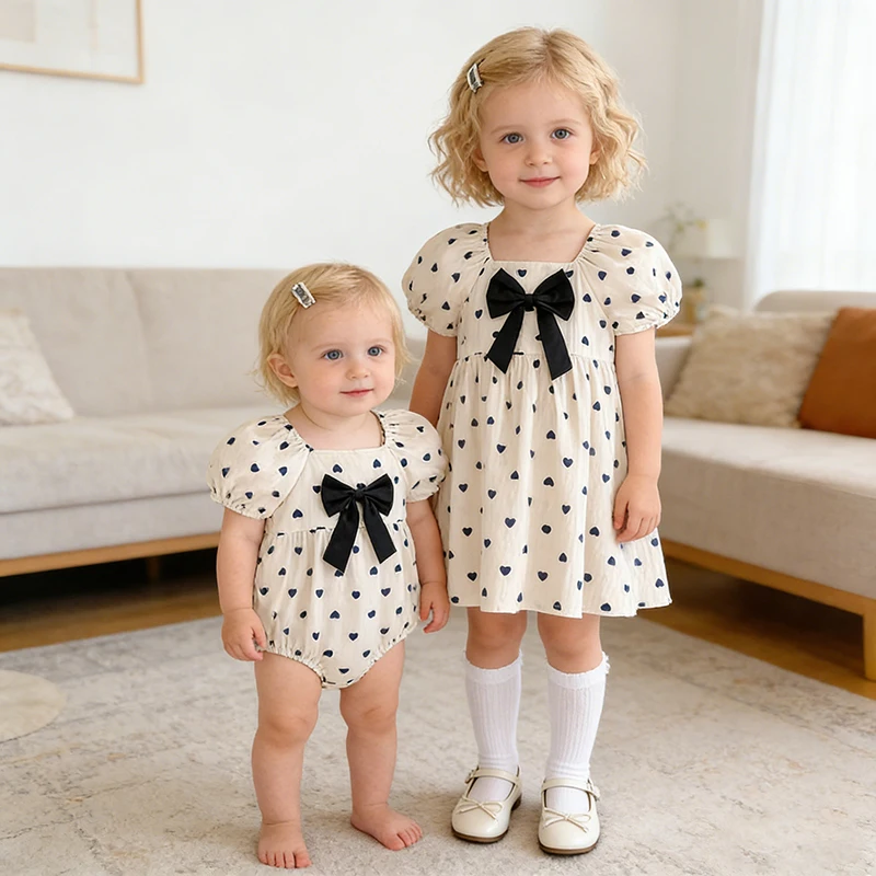2026 New Spring  Sister Dress 2-6Yrs Girl Party Dress Cotton Kids Heart-shaped Dress 0-24M Baby Girl Short Sleeved Print Romper