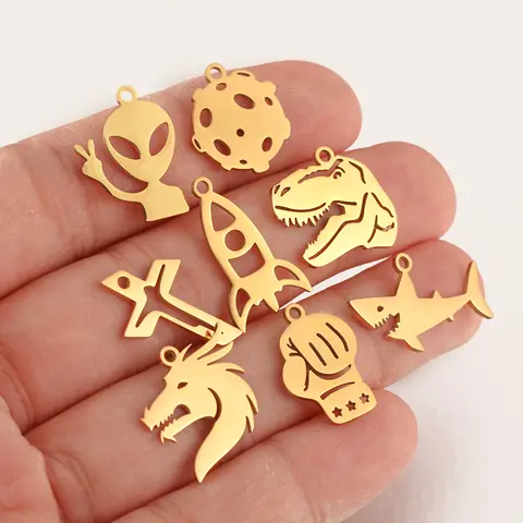 5Pcs Magic Cube/Cross/Space Rocket/Boxing Glove Charms Stainless Steel Dinosaur Punk Pendants Craft DIY Necklace Jewelry Making