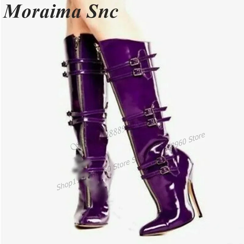 Sexy violet en cuir verni ceinture boucle décor bottes mince talon haut femmes chaussures avant fermeture éclair bout pointu 2023 Zapatos Para Mujere