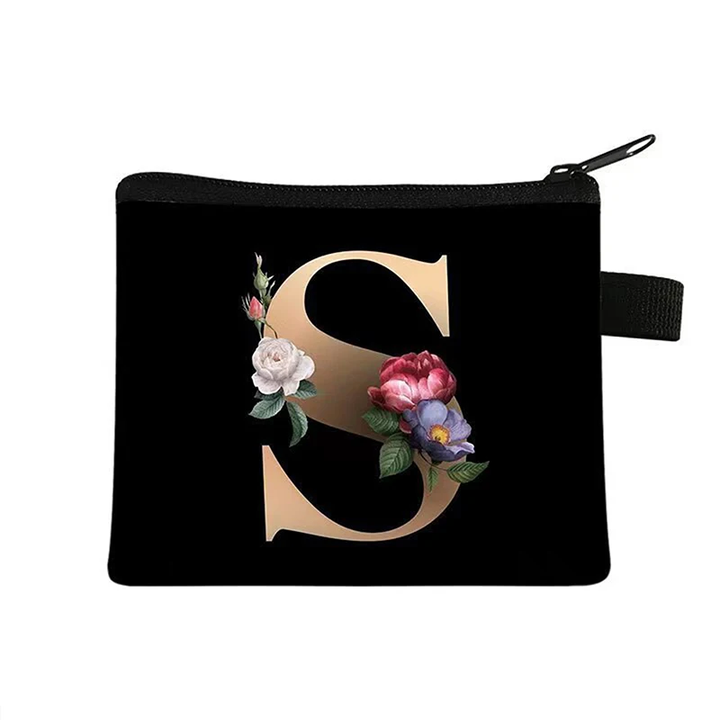 Monedero con 26 iniciales de A-Z para mujer, monedero con letras y flores, llavero con cremallera, bolsa pequeña Kawaii con pintalabios, bolsa bonita para regalo