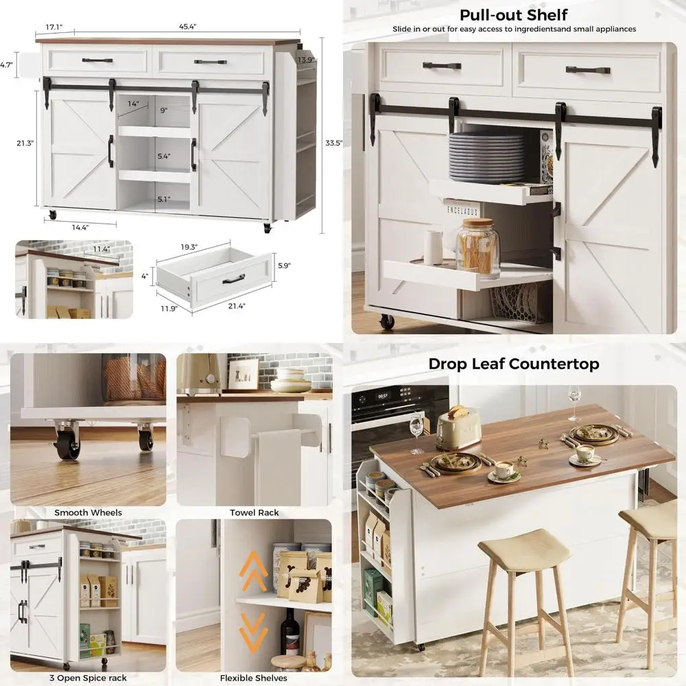 جزيرة مطبخ بيضاء متدحرجة مع أوراق متدلية وتخزين قابل للسحب لتناول الطعام وبار المنزل #1