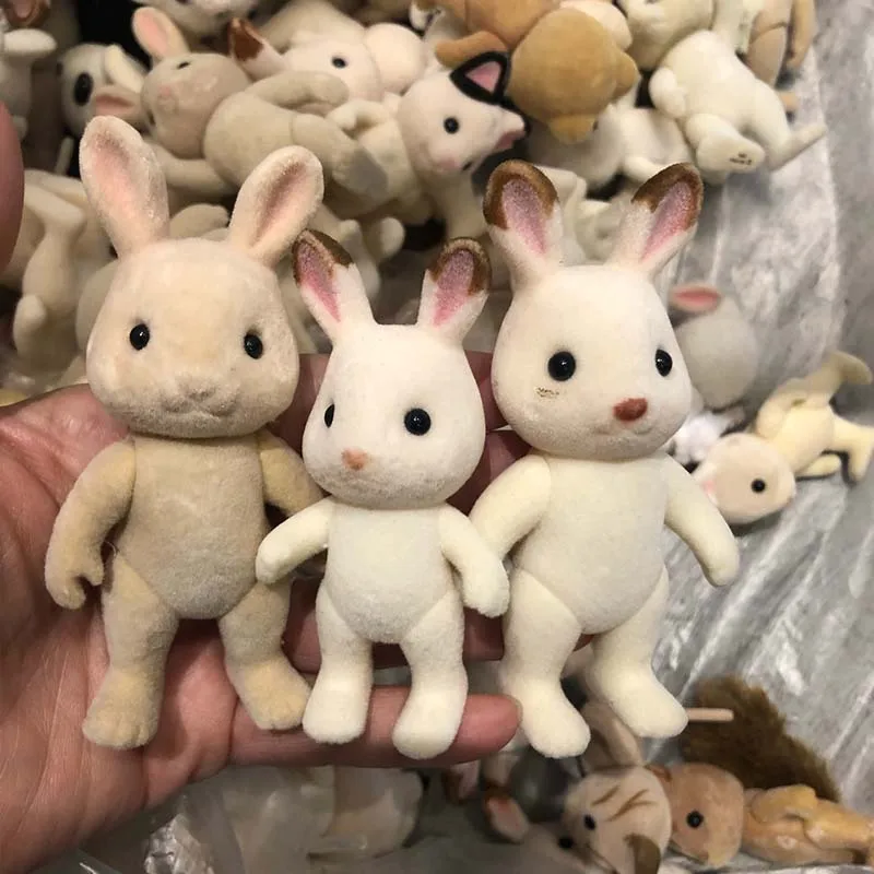 Figuras de animales de la familia del bosque para niños, 1 piezas, conejo, oso, perro, estatuilla flocada peluda, modelo de Animal, juguete para niños, defectos de fábrica