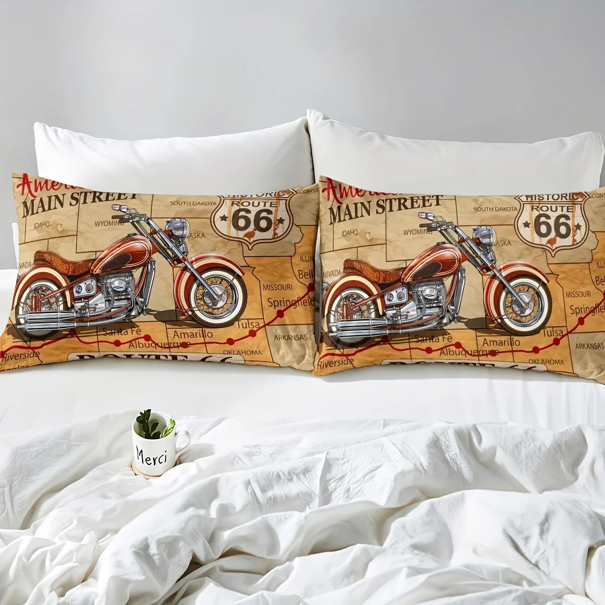 3Pcs Vintage Car Route 66 Printed Duvet Cover Set, American Retro Motorcycle Bedding with Pillowcases for Bedroom Guest Room