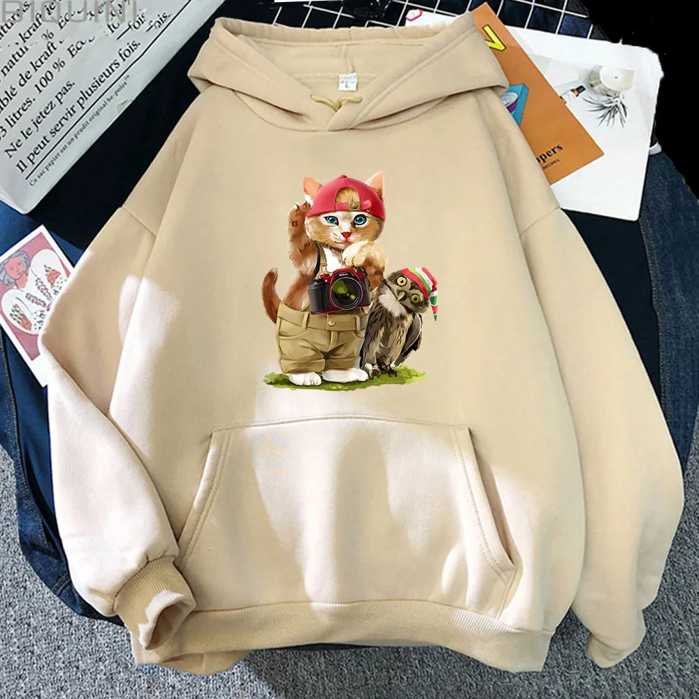 Animal Cartoon Garphic A Cat and An Owl Hoodies for Men Sweatshirt Kawaii Women Y2k Clothes Men Clothing Long Sleeve Pullovers