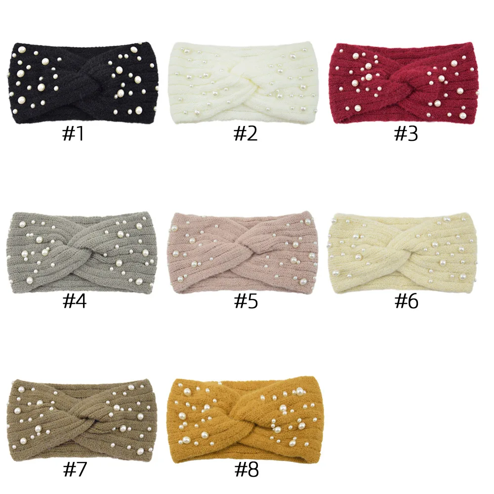 Perlen-Stirnband, Winter-Ohrwärmer, gestrickt, Kreuz-Headwrap, Turban, breite Krempe, Kopfbedeckung für Damen und Mädchen, modischer Haarschmuck – Detail 4