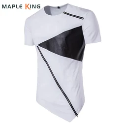 T Shirt Men 2018 Personality tailoring Long Patchwork Leather Zipper T-shirt Men Hiphop Short Sleeve Longline Casual Top Tee