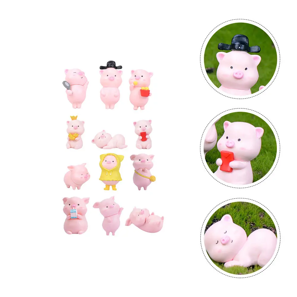 12pcs Piggy Statue Creative Desktop Decor For Home Garden Office Miniature Pig Ornament Micro Landscape Decoration