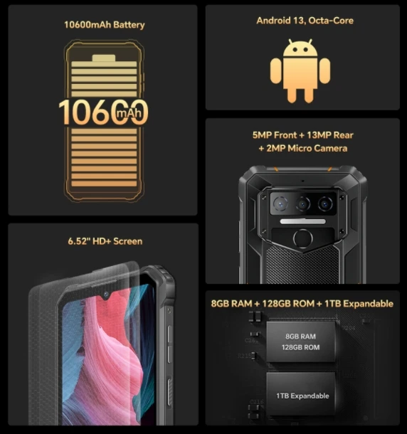 2025 pola baru Oukitel Wp23 Pro, Cpu T606 120Hz 6.517 inci, 4G ponsel pintar tahan tiga, Ram 8Gb, Rom 128Gb 48 jam pengiriman