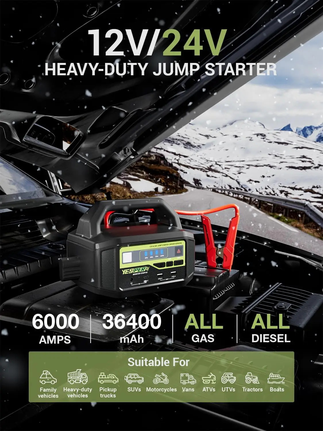 YESPER 12V/24V Jump Starter 6000A Peak, -40°F Cold Weather Battery Booster, Portable Power Pack for All Gas/Diesel