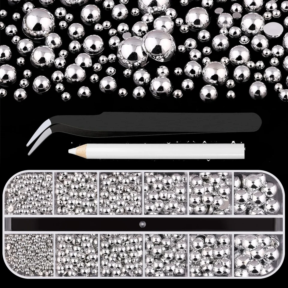 12 tachas metálicas de media luna plateadas brillantes, cuentas caviar, remaches y perlas planas de 2/3/4/5/6/8 mm, decoración Y2K 5