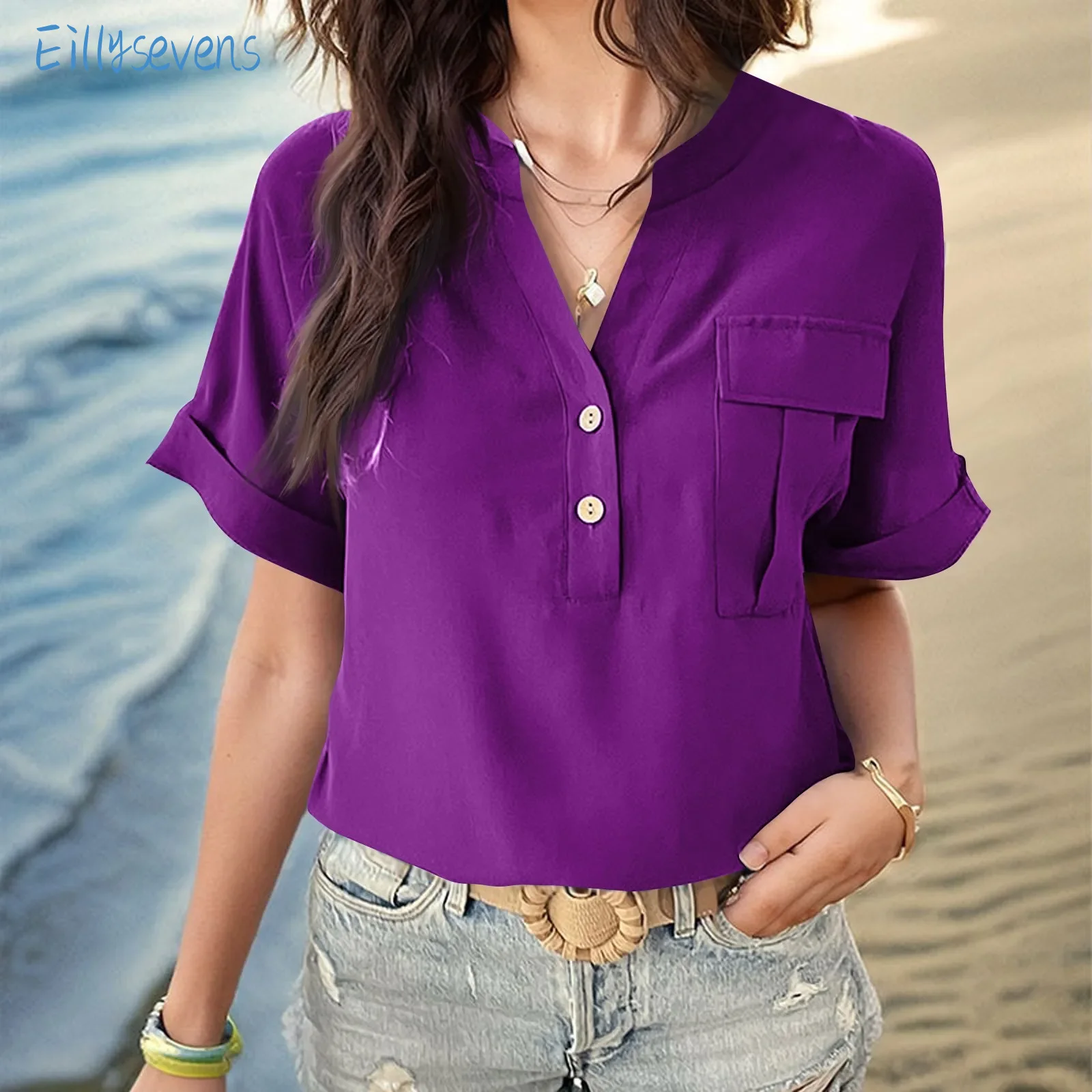 Women Summer New Shirts Casual Classic V-Neck Button-Down Short Sleeve Blouse Tops With Chest Pockets Daily Regular Comfy Shirts