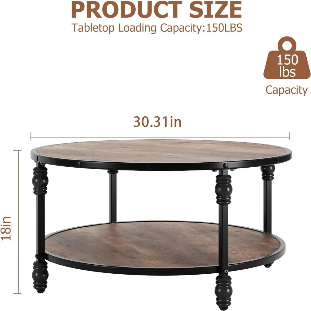 Round Coffee Table for Living Room Rustic With Storage Shelf Wood Circle Coffee Table With Sturdy Metal Legs Home Freight free