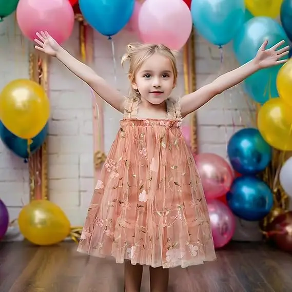 Baby Girl Sleeveless 3D Butterfly Floral Embroidery Ruffle Tulle Dress Toddler Birthday Party Tulle Dress with headband
