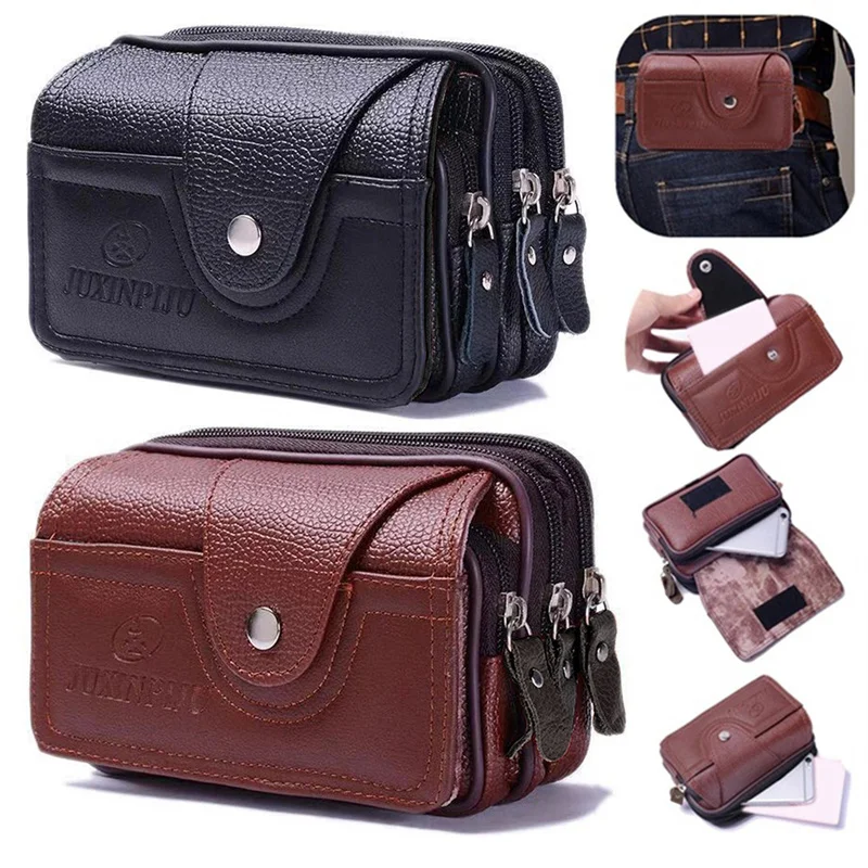 

Men's Multifunction Waist Pack Phone Pocket Travel Purse Waist Bag Waterproof PU Leather Male Vintage Business Bag