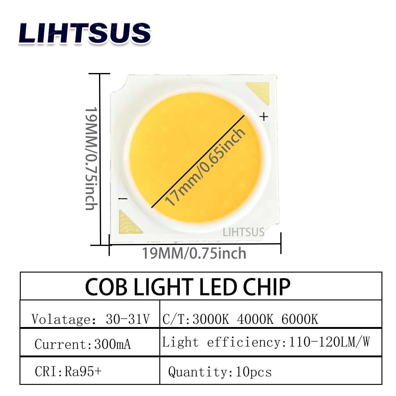 

10Pcs 31V 300mA 10W LED COB Chip High CRI Diodes in Track Lights, Good Light Source,1919mm Light Beads LED Source Chip SpotLight