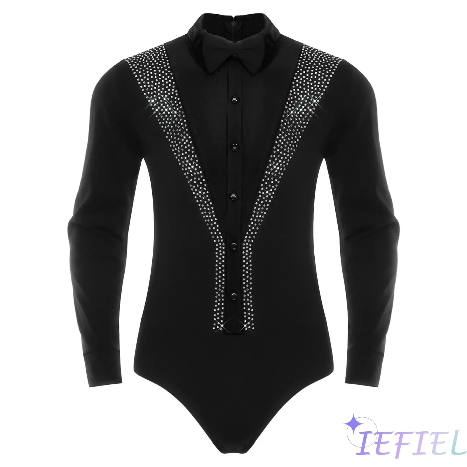 

Mens Figure Skating Latin Dance Bodysuit with Bowtie Shiny Long Sleeve Back Zipper Tango Latin Ballet Dance Performance Jumpsuit