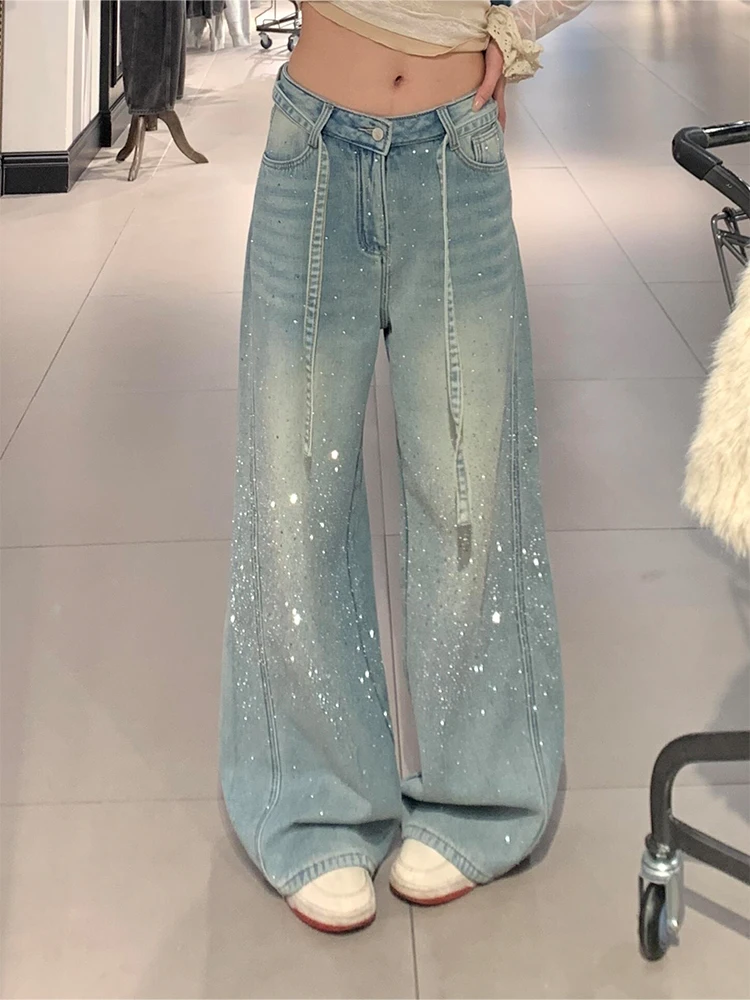 

Ретро-джинсы в американском стиле со звездами и стразами, свободные женские брюки с эффектом потертости, удлиненные, с естественной линией талии