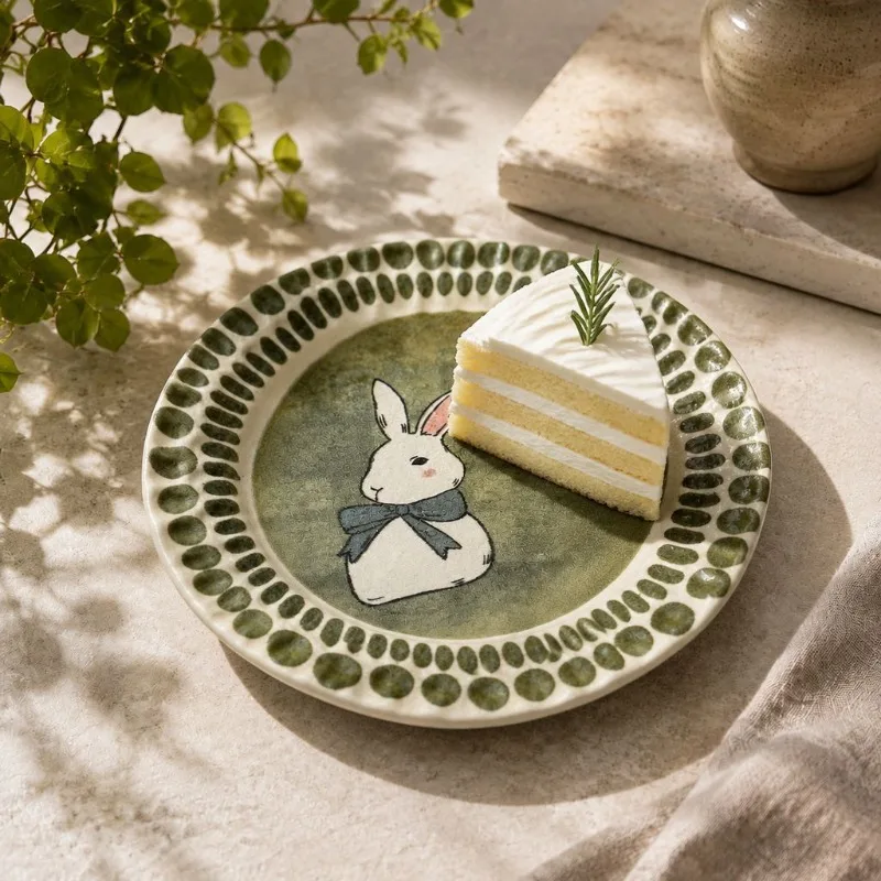 Hand‑Painted Rabbit Ceramic Dinner Plate 22.5cm Wavy Rim Porcelain Serving Dish For Salad Dessert Fruit Home Dining Table Decor