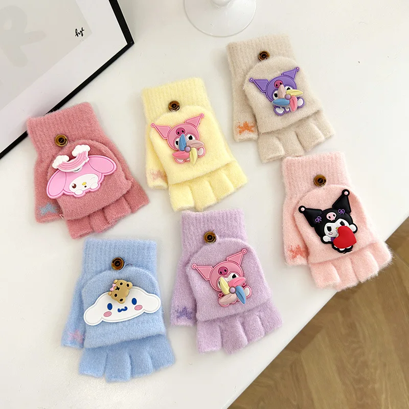 

Sanrio KuromiChildren's Gloves Cartoon Girl Warm Five Fingers Split Finger Gloves Wool Knitting Winter For Kids 5-10 years