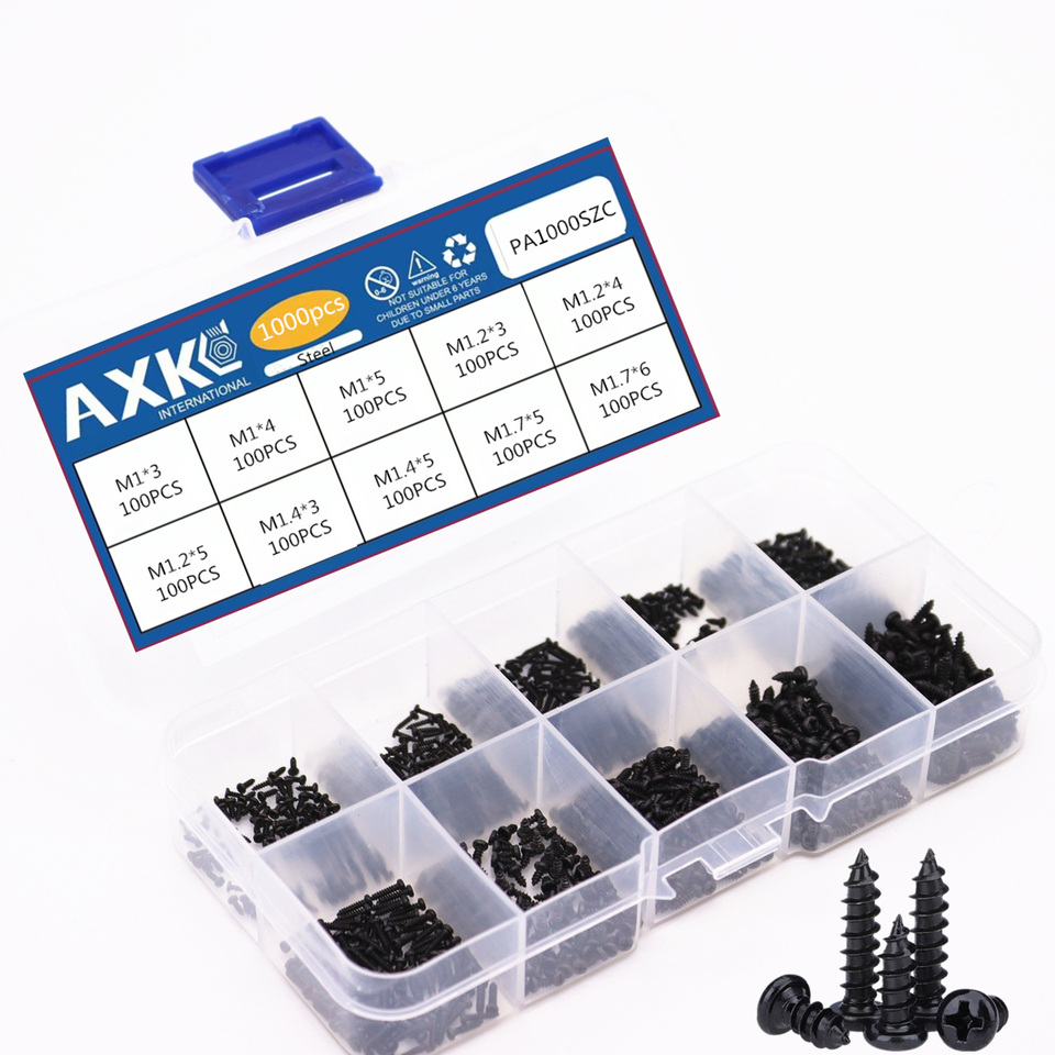  1000pcs/set M1/M1.2/M1.4/M1.7 Round Cross Head Stainless Steel Screws Pan Self Tapping Screw Set Assortment Kit Black 