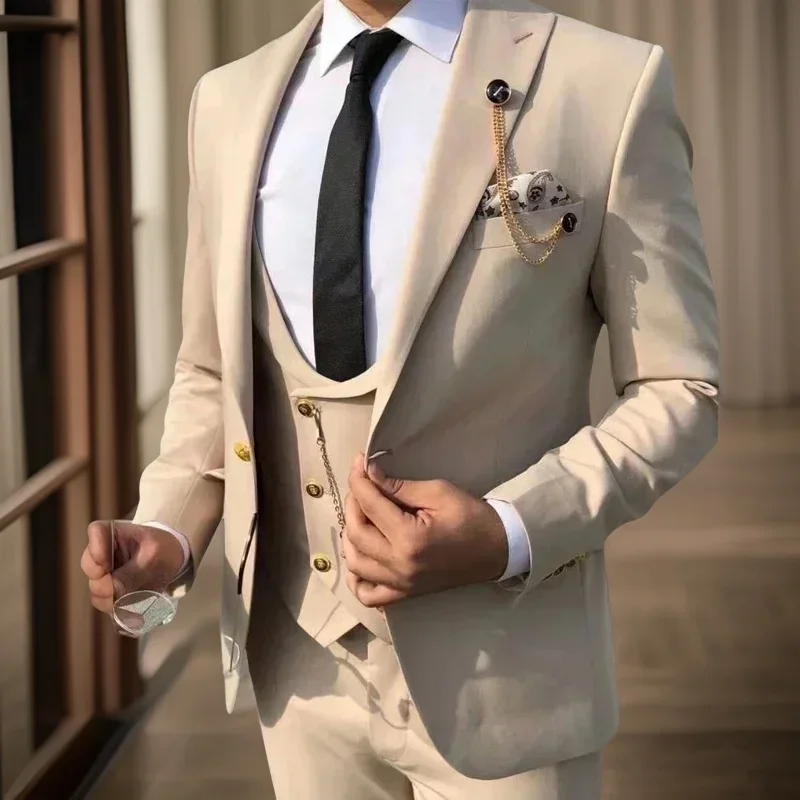 Trajes de hombre ajustados de 3 piezas, traje de moda de negocios de esmoquin para novio de boda de estilo italiano (chaqueta + pantalón + chaleco)