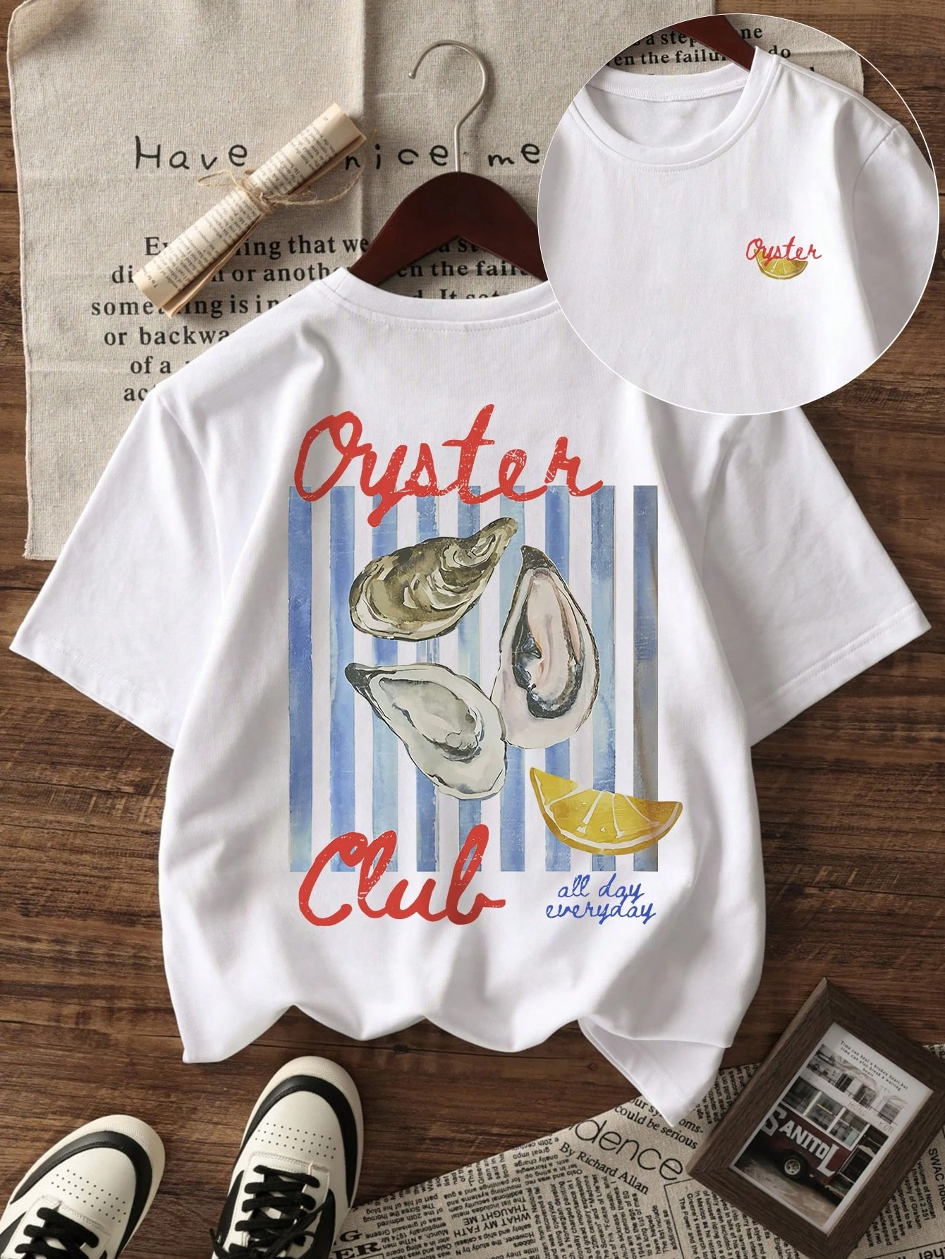 Oyster Club Printing T-Shirts Womens Summer Cotton Short Sleeve O-Neck Comfortable Soft Oversized Tops Casual Womans Clothes