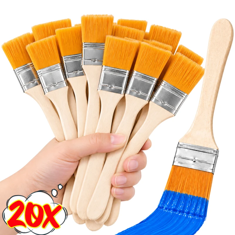 20/5PCS Nylon Soft Bristle Brush Wooden Handle Flat Paint Brush For Oil Painting Drawing Wall Fence Furniture Trim Painting Tool