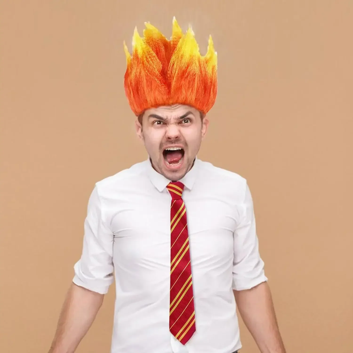 Anime Anger Flame Wig for Men Orange Spiky Wig Short Fire Cosplay Synthetic Wig Outfit for Halloween Party Wig